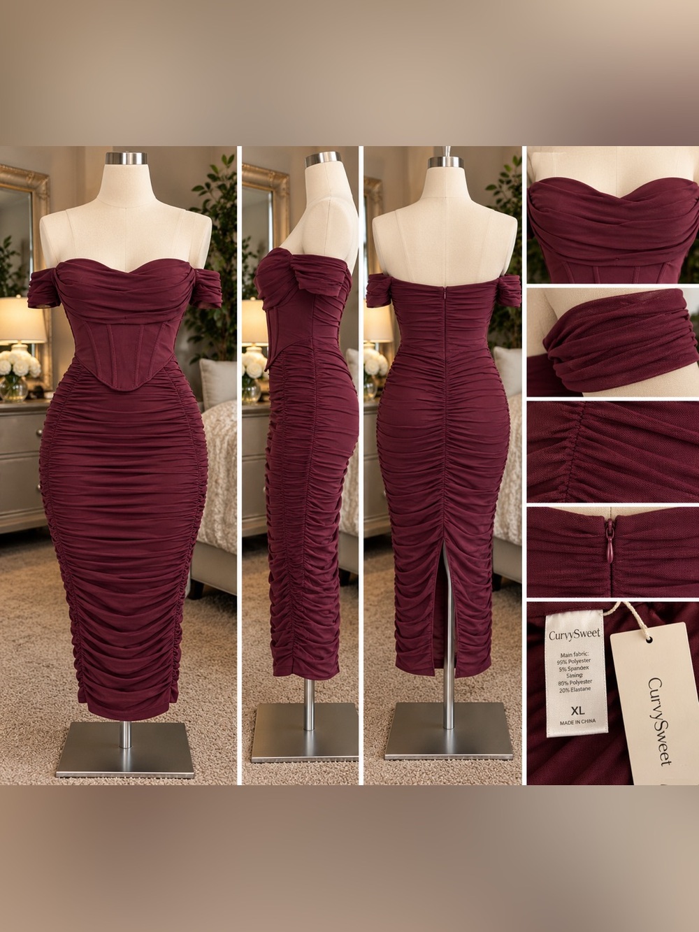 Off-Shoulder Ruched Midi Dress in Wine